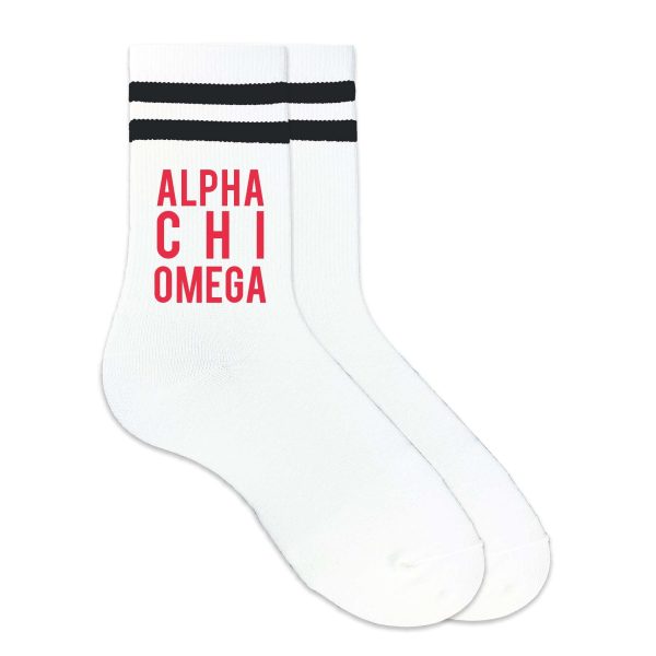 Alpha Chi Omega in Sorority Color on Striped Crew Socks For Cheap - Image 2