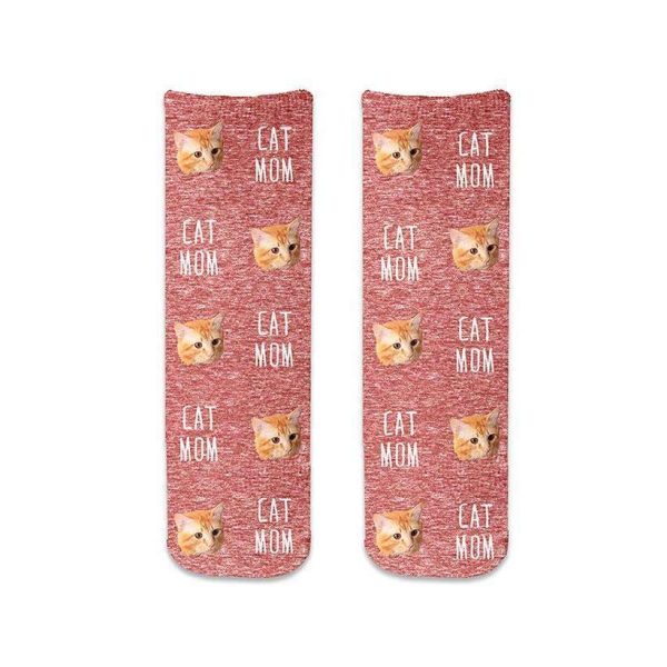 Cat Mom Custom Photo Socks with Cat Faces on Crew Socks For Discount - Image 5